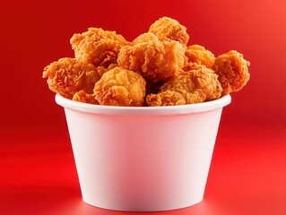 A crispy fried chicken display in a white bucket is set against a vibrant red background, perfect for fast food promotions, restaurant menus, and culinary advertising.