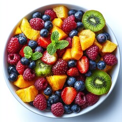 Obraz premium A vibrant bowl of mixed fresh fruits, ideal for a healthy snack or dessert.