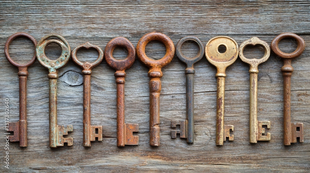 Poster collection of antique keys with varying levels of rust and wear arranged on rustic wooden surface. c
