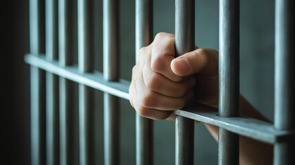 Obraz premium Prisoner's hand gripping the cold metal bars of a jail cell