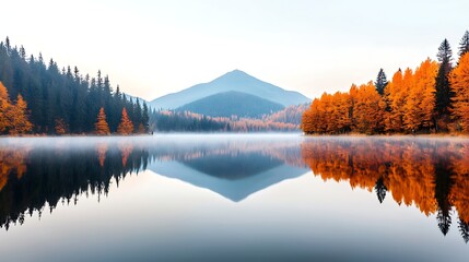 Obraz premium Tranquil Autumn Landscape with Calm Lake and Vibrant Orange Foliage Reflecting Mountains