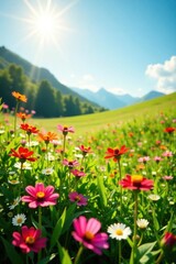 Fototapeta premium Sun-drenched field of wildflowers, diverse blooms , outdoor, nature