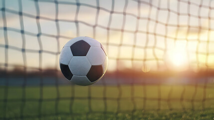 Fototapeta premium Classic Black And White Soccer Ball Hovering In Front Of Goal At Sunset In Stadium