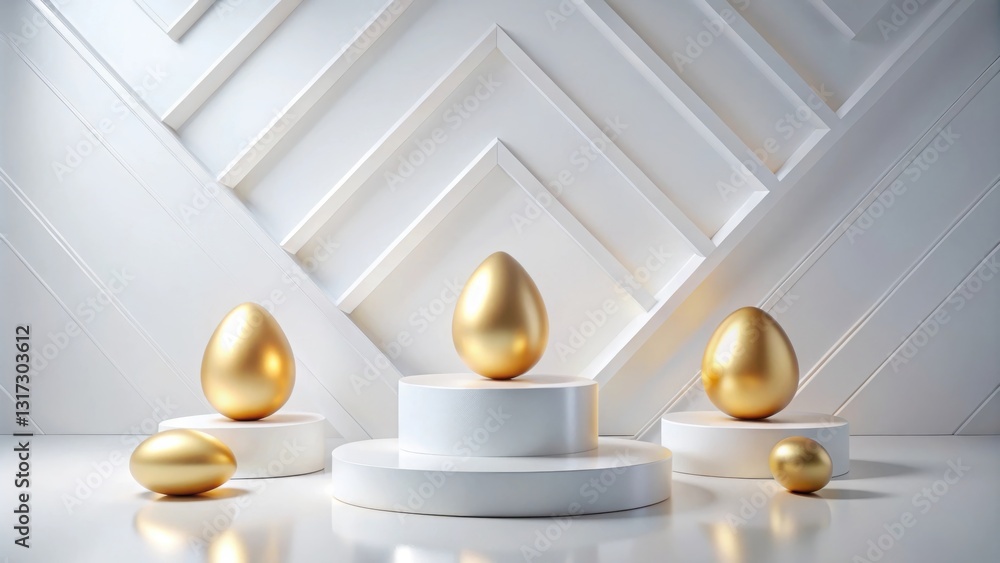 Poster golden eggs on white platforms in a geometric setting