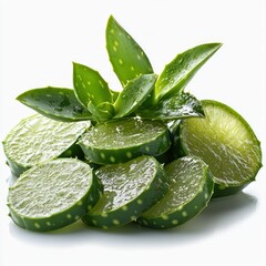 Fototapeta premium Fresh aloe vera slices with vibrant green leaves, showcasing their natural gel-filled interiors.