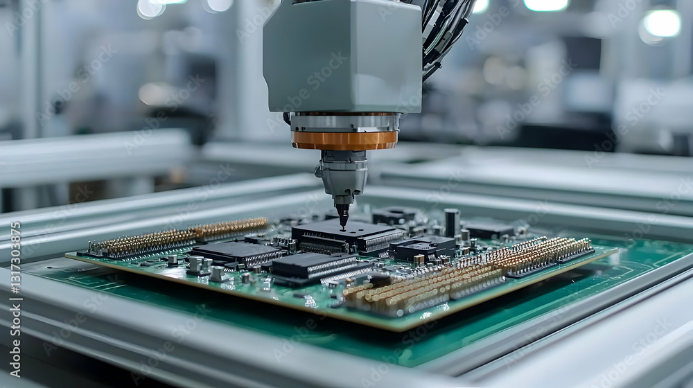 Poster robotic arm precisely assembling components on green printed circuit board in high tech automated pr