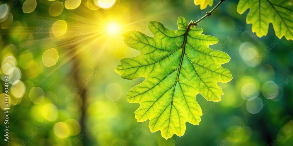 Poster a single vibrant green leaf illuminated by sunlight, showcasing intricate veins and a soft bokeh bac