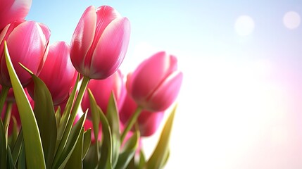 Obraz premium Beautiful Pink Tulips in Bloom Against a Soft Background with Gentle Bokeh Effect