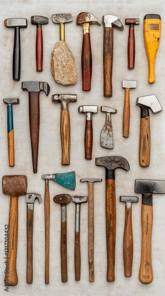 Poster collection of various hammers and mallets arranged on a textured background. tools show signs of wea