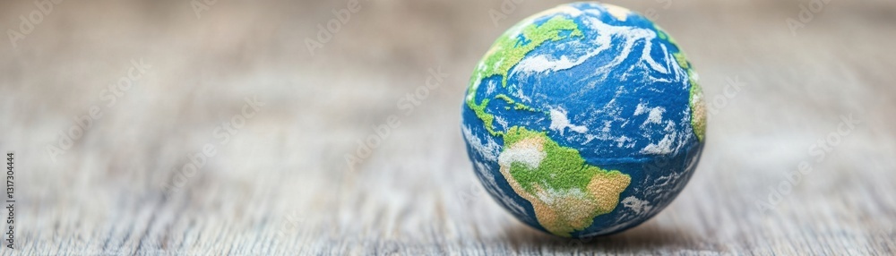 Poster close-up view of a colorful globe on a rustic wooden table, representing earth’s continents and ocea