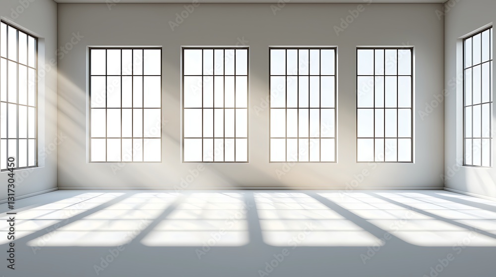 Poster bright modern empty room with large windows and soft natural light in minimalist design