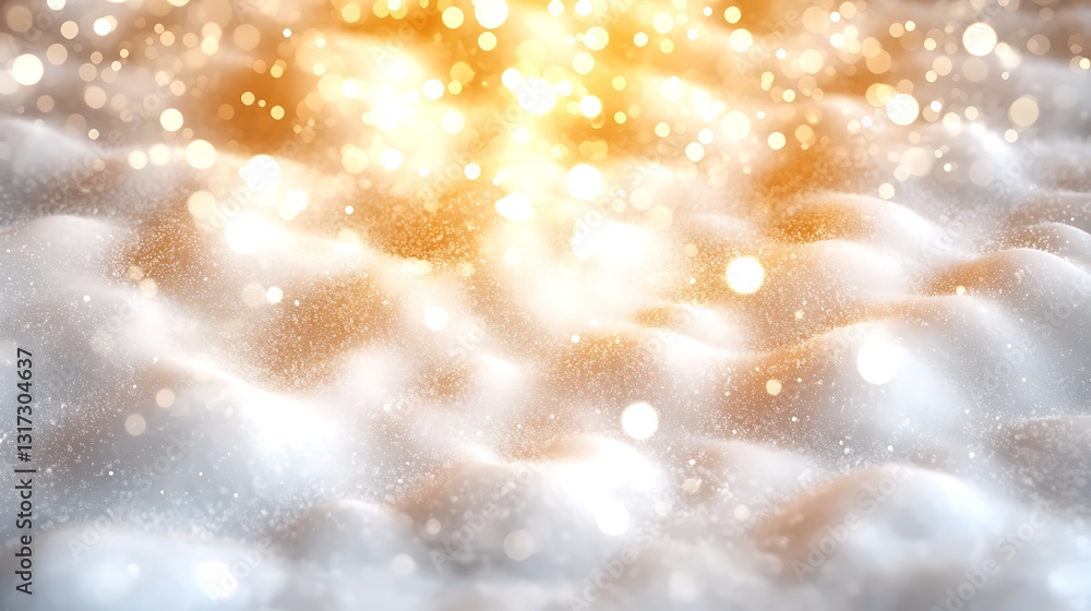Poster soft snowy background with glowing bokeh effects and gentle light rays in warm tones