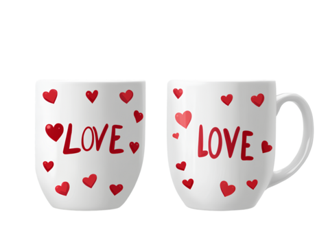 Valentine's Day ceramic coffee mugs with red hearts and "LOVE" text, isolated on a transparent background png 
