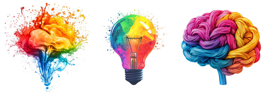 Colorful splash effects brain and light bulb represent creative thinking on transparent background