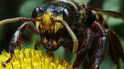 Fototapeta premium Close-up of a wasp feeding on a yellow flower, green blurred background, perfect for nature documentaries