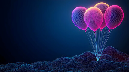 Three Illuminated Pixelated Balloons Floating Above A Dark Blue Digital Landscape With Glowing Particles