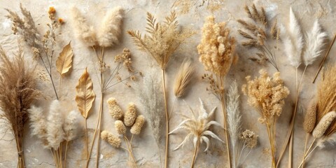 A Still Life Arrangement Featuring Dried Natural Elements With a Neutral Color Palette of Tan, Brown, and White