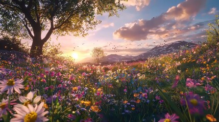 Fototapeta premium Vibrant sunset over a blooming meadow with mountains.