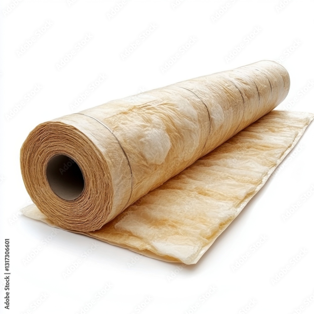 Poster beige insulation roll partially unfurled on white background. the roll shows texture and subtle vari