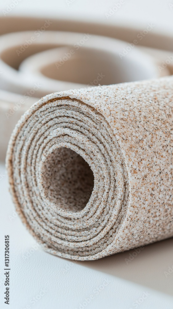 Poster close up of tightly rolled beige carpet with speckled texture, softly lit against a white background