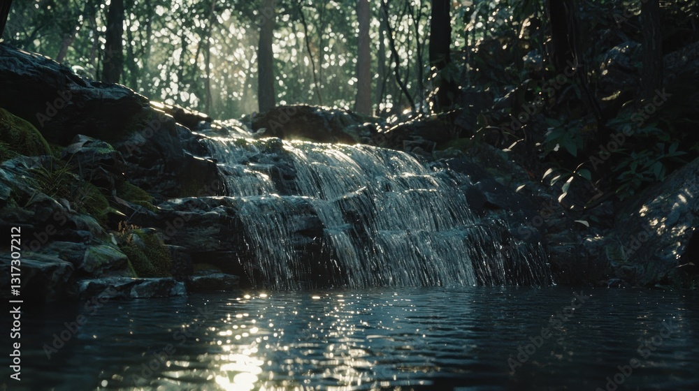 Poster sunlit waterfall cascading over moss-covered rocks into a tranquil pool in a lush forest.