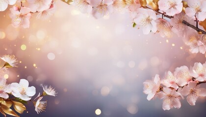 Fototapeta premium Soft-focus pastel gradient background with subtle golden sparkles, delicate cherry blossoms in the corners, and a large empty space in the center, perfect for elegant text or seasonal greetings. 