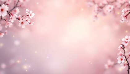 Fototapeta premium Soft-focus pastel gradient background with subtle golden sparkles, delicate cherry blossoms in the corners, and a large empty space in the center, perfect for elegant text or seasonal greetings. 