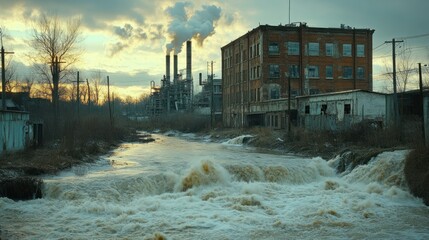 Industrial River Pollution at Sunset