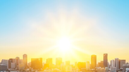 Obraz premium Bright Sunrise Over City Skyline Illuminating Tall Buildings and Urban Landscape