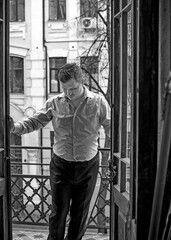 European man in shirt, pants. Wardrobe elegant men's style, classical trends.