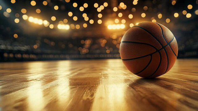 A basketball rests on a polished hardwood floor under bright arena lights, capturing the essence of an exciting sports event