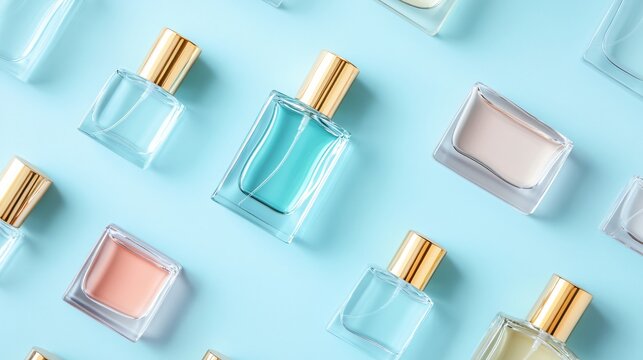 Colorful perfume bottles arranged neatly, various shapes and sizes, fresh aesthetic, perfect for beauty marketing or fashion themes.