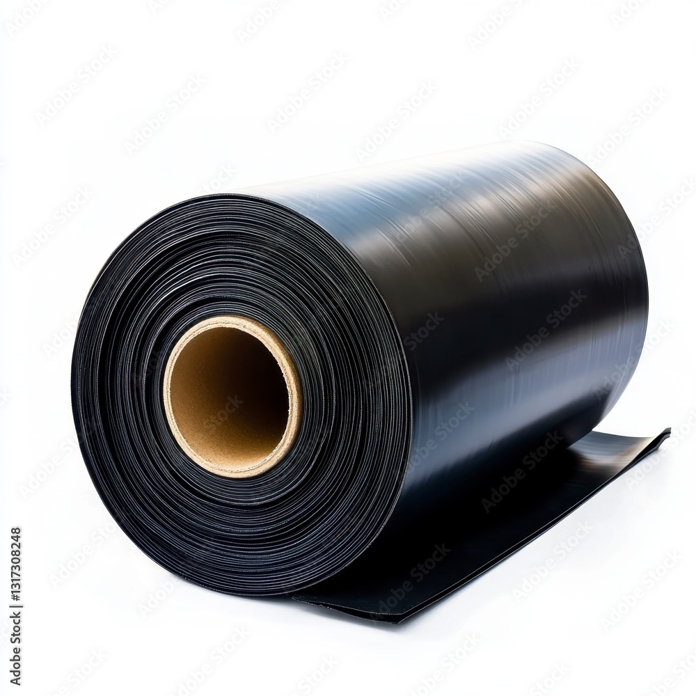 Poster close up view of a large roll of black flexible material against a white background. the roll is tig