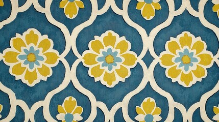 Blue and yellow floral pattern textile design. Distressed texture adds vintage feel. Repeating motif shows stylized flowers and intricate details.