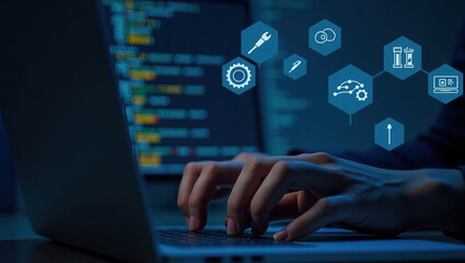 close-up of hands of person actively typing or interacting with laptop keyboard. lines of computer code, and digital overlay of translucent icons and avatars.