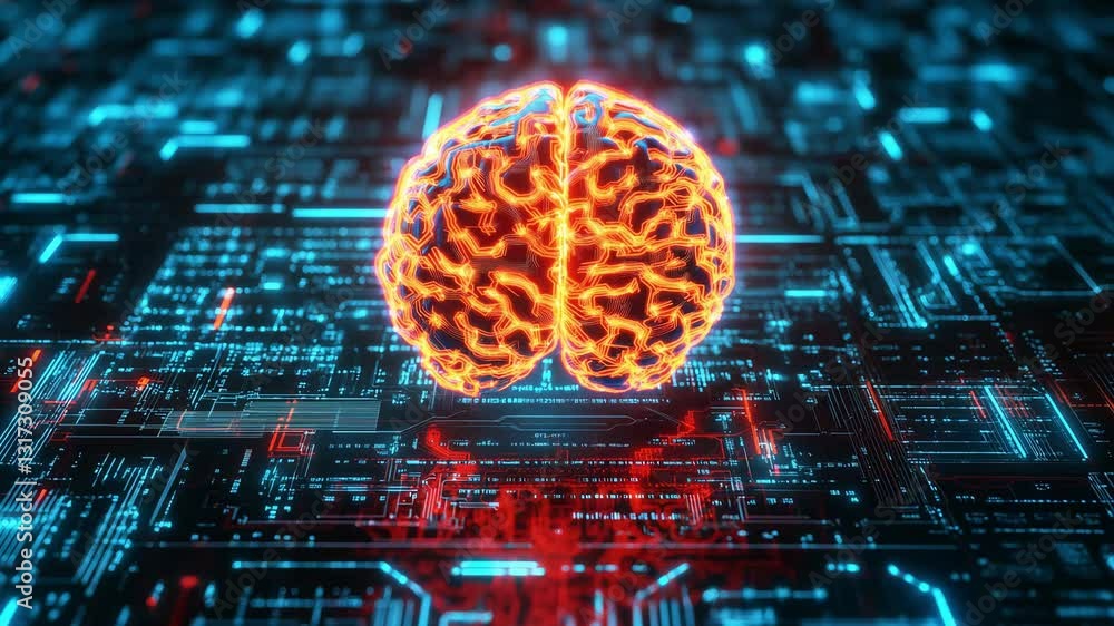 Poster a glowing brain is depicted above intricate digital circuitry, showcasing the connection between tec