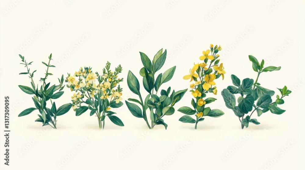 Poster six different types of small flowering plants with yellow flowers and green leaves are arranged in a
