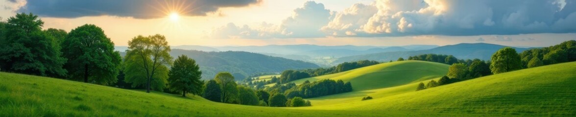 Naklejka premium Rolling hills, abundant trees, dramatic clouds , high angle, countryside