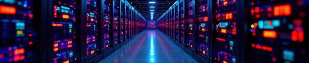 Rows of humming servers, complex data flow depicted, binary, high-tech
