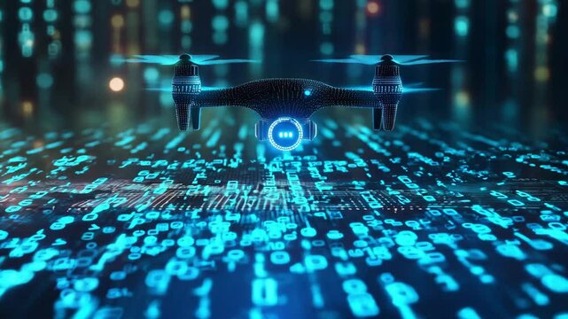 A drone moves gracefully through an array of glowing binary code, creating a captivating visual experience in a digital environment