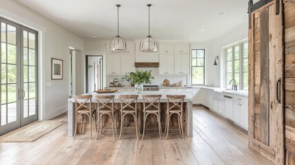 Bright modern kitchen with white cabinets, light wood floors, and a large island with wooden stools. Natural light streams in through large windows.