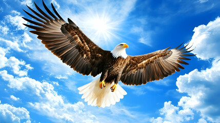 Naklejka premium Majestic bald eagle soaring through a sunny sky, amidst fluffy clouds; ideal for freedom, nature, and wildlife themes