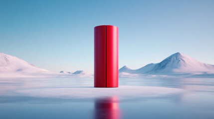 Striking red column standing boldly in the middle of a frozen lake symbolizing stability and strength in nature's extremes