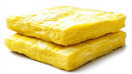 Two square blocks of bright yellow fiberglass insulation stacked on a white background. The texture is porous and slightly irregular.