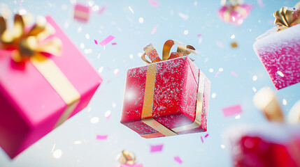 Fototapeta premium Light winter background, on which bright gifts in red and lilac packaging, golden confetti, flashes of light are flying. Festive mood