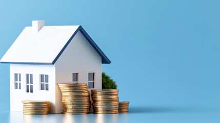 Charming house with stacks of coins symbolizing the concept of rental property investment and financial growth opportunities