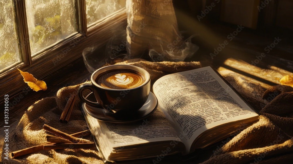 Poster steam rises from a latte on an open book by a window.