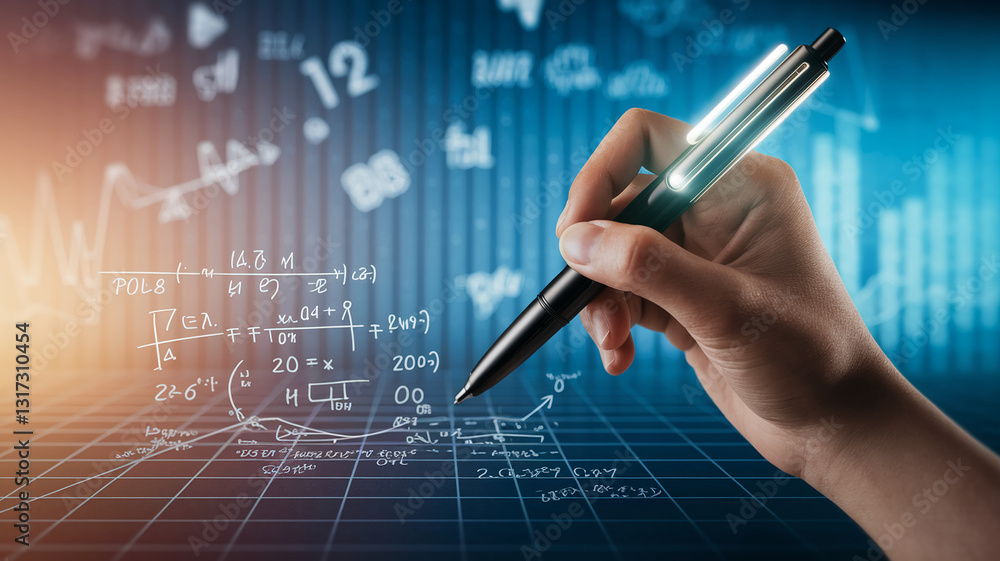 Poster hand writing formulas and graphs on a digital grid, showcasing analytical thinking and problem-solvi