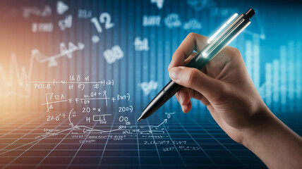 Hand writing formulas and graphs on a digital grid, showcasing analytical thinking and problem-solving, symbolizing data analysis and strategic planning in business