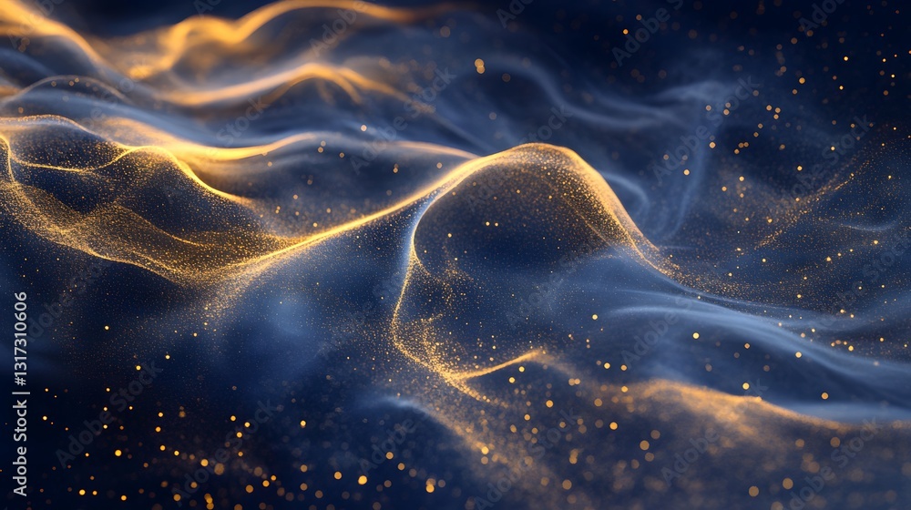 Poster abstract glowing particle waves in soft golden hues, creating a serene and calming visual effect for
